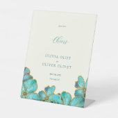 Signe De Table Fleurs turquoises Mariage Open Bar Cheers (Recto)