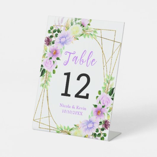Signe De Table Fleurs violettes de printemps avec feuillage (Recto)