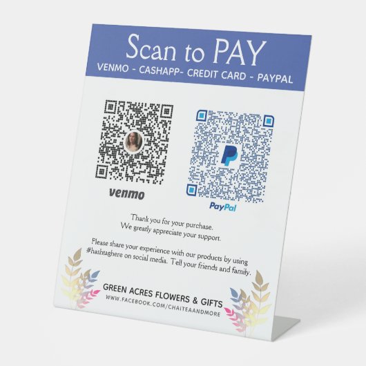Signe De Table Floral Ajouter deux codes QR Venmo Payer ici (Recto)
