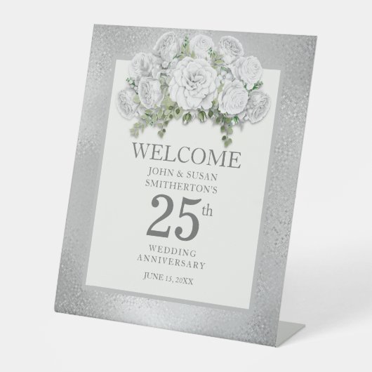 Signe De Table Floral blanc argenté 25e anniversaire Mariage (Recto)