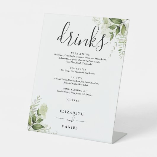 Signe De Table Floral Greenery Mariage Boissons Menu (Recto)