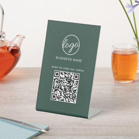 Signe De Table Forest Green Menu Restaurant Business Logo Code QR (In SItu)