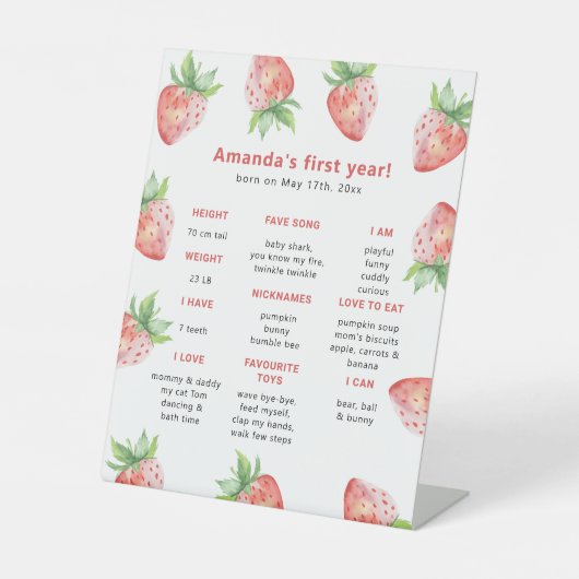 Signe De Table Fraise Premier anniversaire Jalon Anniversaire (Recto)