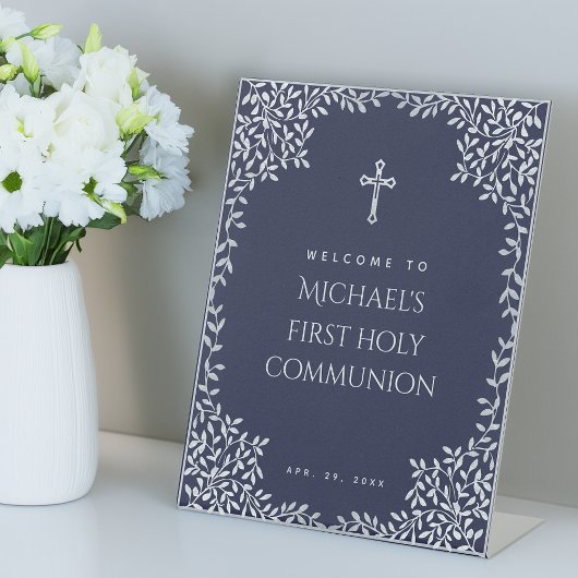 Signe De Table Garçon Première communion Marine Bleu Faux Feuille