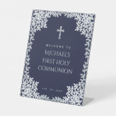 Signe De Table Garçon Première communion Marine Bleu Faux Feuille (Recto)