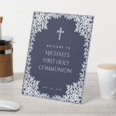 Signe De Table Garçon Première communion Marine Bleu Faux Feuille (In SItu)