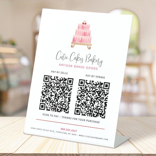 Signe De Table Gâteau rose blush de boulangerie 2 codes QR Payer
