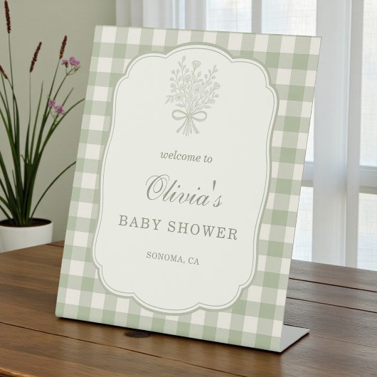 Signe De Table Gingham Floral Bow Baby Shower Welcome Sign