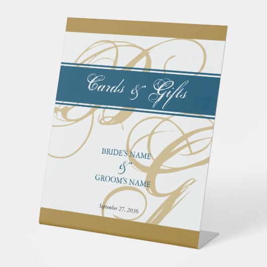 Signe De Table Gold Blue Script Monogramme Cartes de mariage et c (Recto)