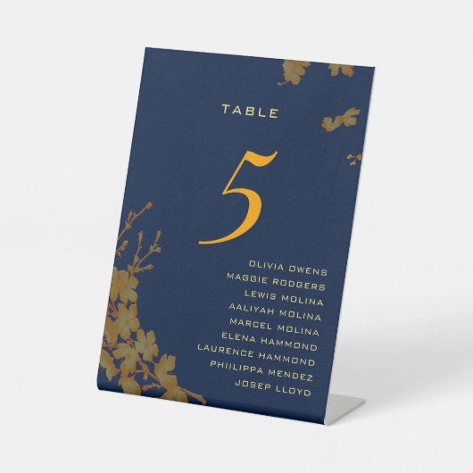 Signe De Table Gold Floral Navy Blue Guest Names Numéro de tablea (Recto)