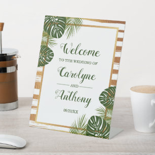 Signe De Table Gold Foil & Green Palm Leaf Beach Mariage Bienvenu
