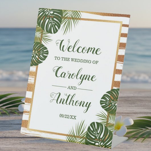 Signe De Table Gold Foil & Green Palm Leaf Beach Mariage Bienvenu
