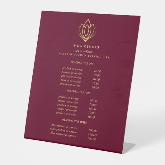 Signe De Table Gold Lotus Ruby Spa & Salon Tarifs et Prestation (Recto)