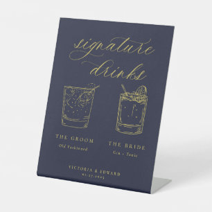 Signe De Table Gold Script Signature Boissons Mariage bleu marine