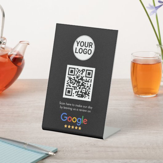 Signe De Table Google Reviews QR Code Dark Theme Custom Logo (In SItu)