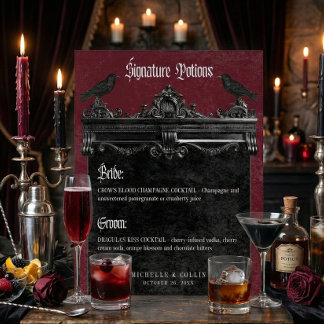 Signe De Table Gothic Black Raven & Roses Burgundy Wedding Drinks