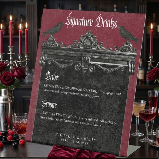 Signe De Table Gothic Black Raven & Roses Burgundy Wedding Drinks