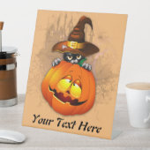 Signe De Table Halloween Cute Kitty Witch et ami Citrouille (In SItu)