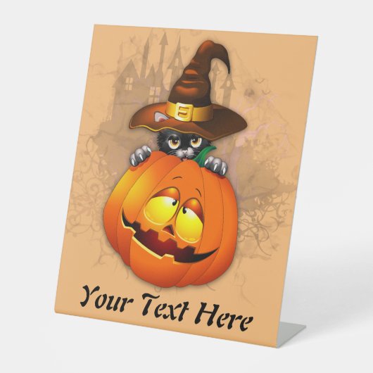 Signe De Table Halloween Cute Kitty Witch et ami Citrouille (Recto)