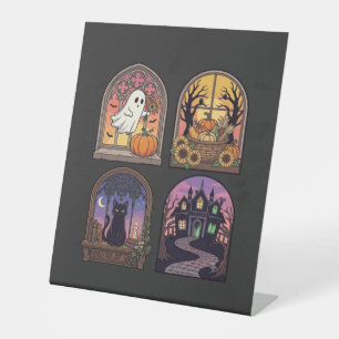 Signe De Table Halloween Gothique Fenêtre Fantôme Citrouille Chat