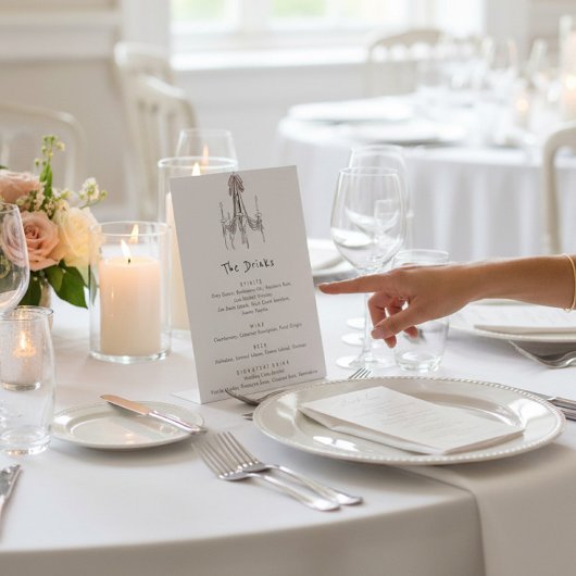 Signe De Table hand drawn Chandelier Wedding Drinks List