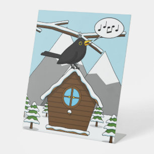 Signe De Table Happy Blackbird chanter dans le paysage hivernal