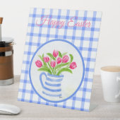 Signe De Table Happy Easter Watercolor Tulips Blue Chech (In SItu)