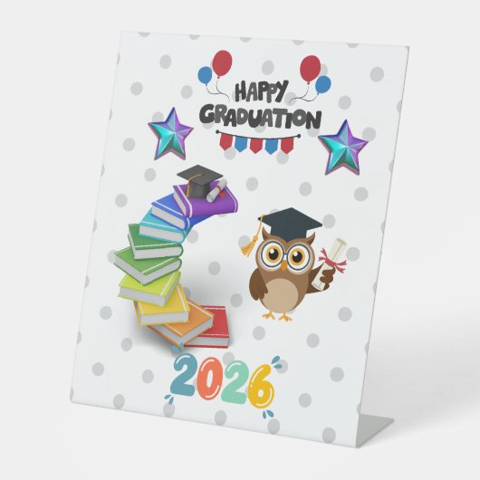 Signe De Table Happy Graduation 2026 - Cute Owl & Books  (Recto)