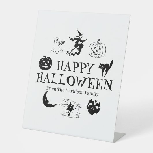 Signe De Table Happy Halloween nom personnalisé noir blanc éffray (Recto)