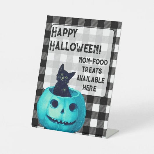 Signe De Table Happy Halloween Turquoise Citrouille et Plaid (Recto)