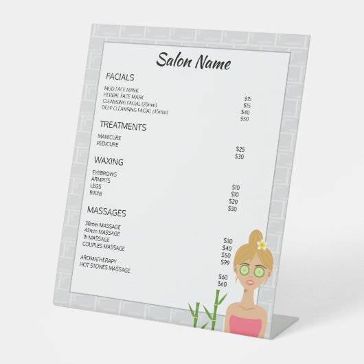 Signe De Table Illustration de femme Spa blonde - Menu Spa person (Recto)