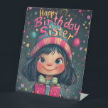 Signe De Table Illustration Whimsical Happy Birthday Sister<br><div class="desc">C'est un design d'anniversaire magnifiquement illustré avec une fille mignonne aux yeux grands avec des cheveux foncés, des joues roses et un sourire éclatant. Elle porte un casquette rayé coloré avec un pompon, assorti à l'arrière - plan animé et festif rempli de bulles flottantes, d'étoiles et de scintillants magiques. La...</div>