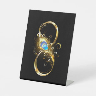 Signe De Table Infinité avec plume de paon doré