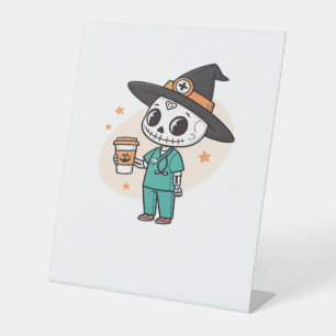 Signe De Table Infirmière d'Halloween avec café portant des sorci