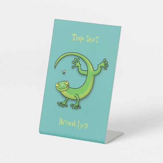 Signe De Table Joli gecko vert salutations avec dessin animé (Recto)