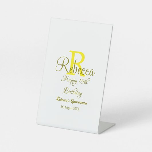 Signe De Table Joyeux 15e anniversaire jaune ajouter nom monogram (Recto)