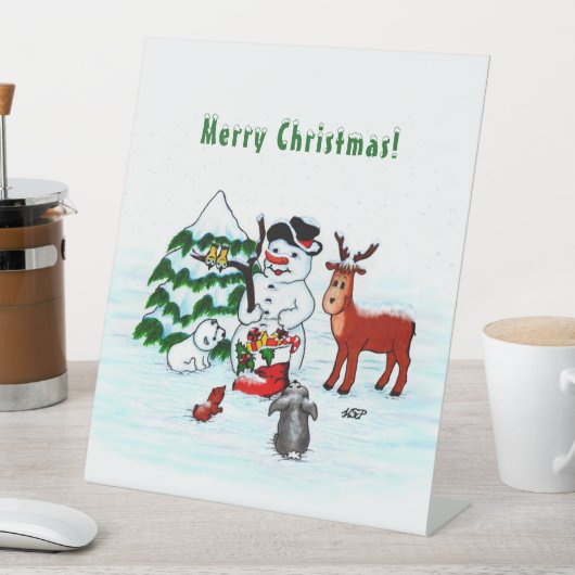 Signe De Table Joyeux Noël ! Snowman avec amis (In SItu)