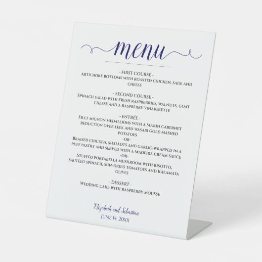 Signe De Table Lacy Calligraphy Marine Blue & White Mariage Menu (Recto)