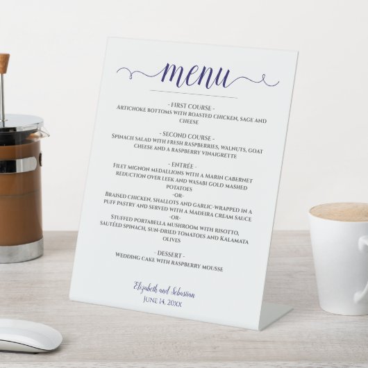 Signe De Table Lacy Calligraphy Marine Blue & White Mariage Menu (In SItu)