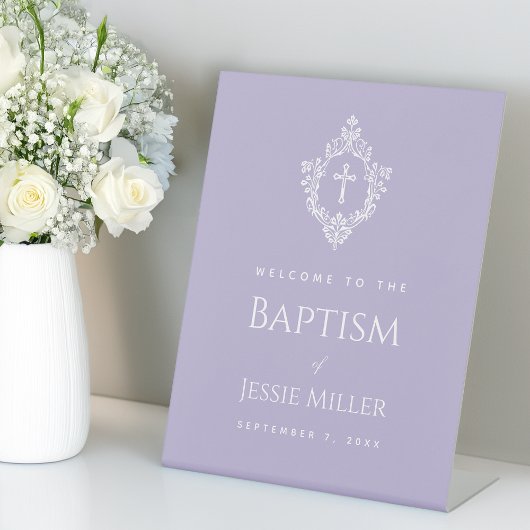 Signe De Table Lavender Baptism Welcome Cross in Crest Elegant 