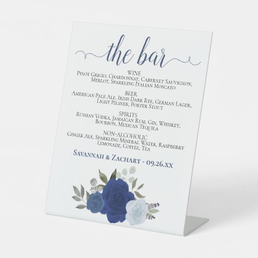 Signe De Table Le Bar - Blue Boho Roses Boissons Menu Mariage (Recto)