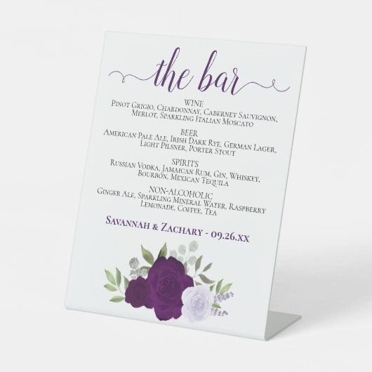 Signe De Table Le Bar - Boho violet Roses Boissons Menu Mariage (Recto)