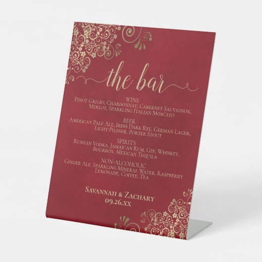 Signe De Table Le Bar - Crimson Red & Gold Boissons Menu Mariage (Recto)