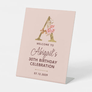 Signe De Table Lettre A Monogramme Doré Roses Rose Pâle Enseigne