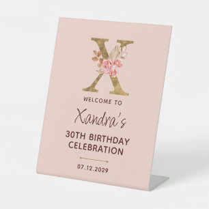 Signe De Table Lettre X Monogramme Or Roses Rose Pâle Enseigne