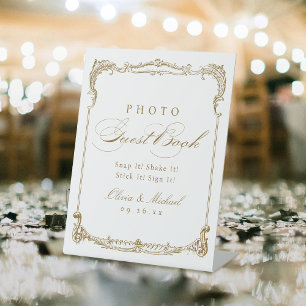 Signe De Table Livre d'invités Gold Vintage Script Mariage Photo