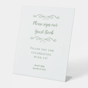 Signe De Table Livre d'or de mariage calligraphié vert sauge élég