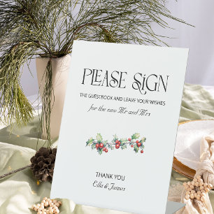 Signe De Table Livre d'or de mariage d'hiver avec houx et baies