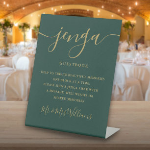 Signe De Table Livre d'or de mariage Jenga en écriture émeraude e