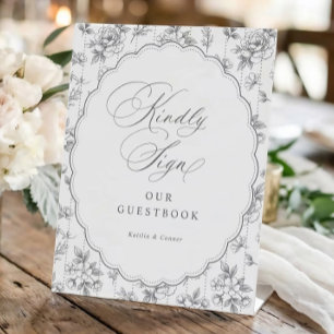 Signe De Table Livre d'or floral gris toile de Jouy mariage franç